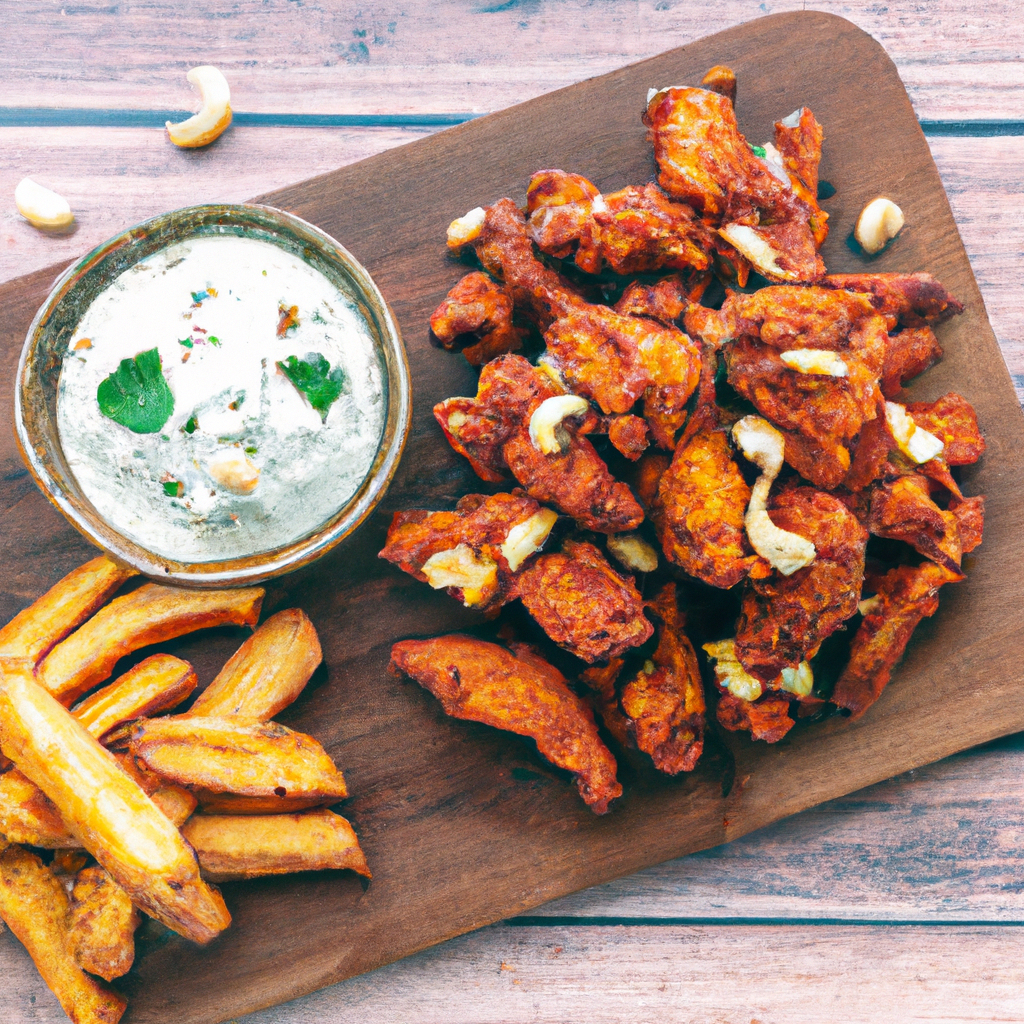 Todays Lunch Buffalo Tempeh Wings Avocado Fries And Potato Wedges Served With Cashew Ranch